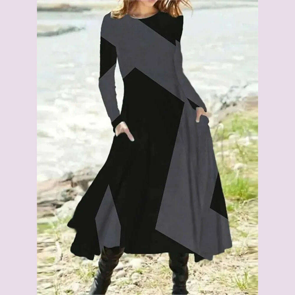 Women's Autumn Winter New Casual Retro Style Fashionable Geometric Print Long Sleeved Round Neck Oversized Swing Long Skirt - KIMLUD