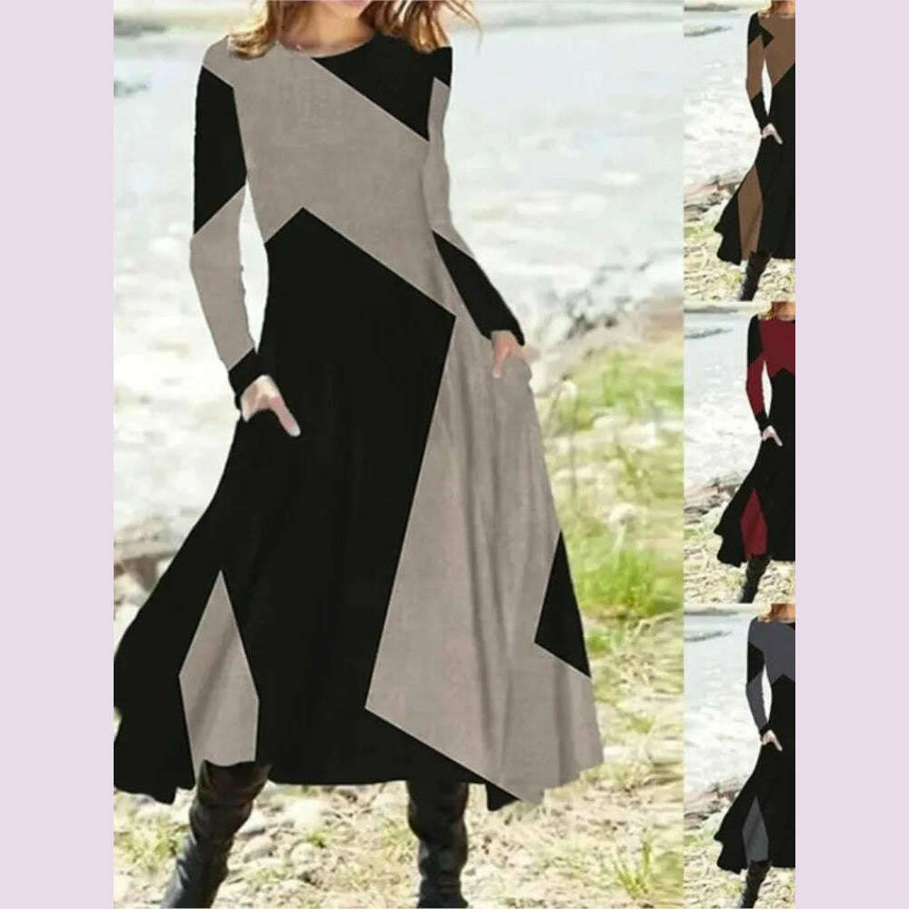 Women's Autumn Winter New Casual Retro Style Fashionable Geometric Print Long Sleeved Round Neck Oversized Swing Long Skirt - KIMLUD