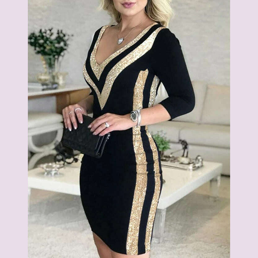 KIMLUD, Women's Casual Dress Contrast Sequin V-Neck Bodycon Dress 2024 Latest Evening Sexy Gentlewoman Style Skinny Wrap Hip Midi Dress, KIMLUD Womens Clothes