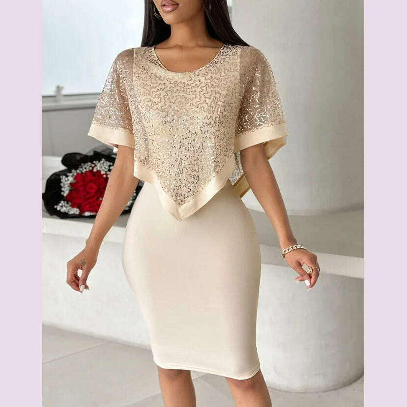 Womens Dresses Summer Fashion Cloak Sleeve Contrast Sequin Slit Casual Round Neck Half Sleeve Plain Daily Bodycon Midi Dress - KIMLUD