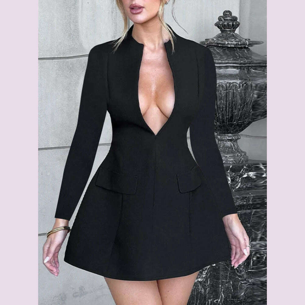 KIMLUD, Women's Elegant Directional Design New Premium Drawstring Waist Featured Fabrics v-Neck Long Sleeve Dresses, KIMLUD Womens Clothes