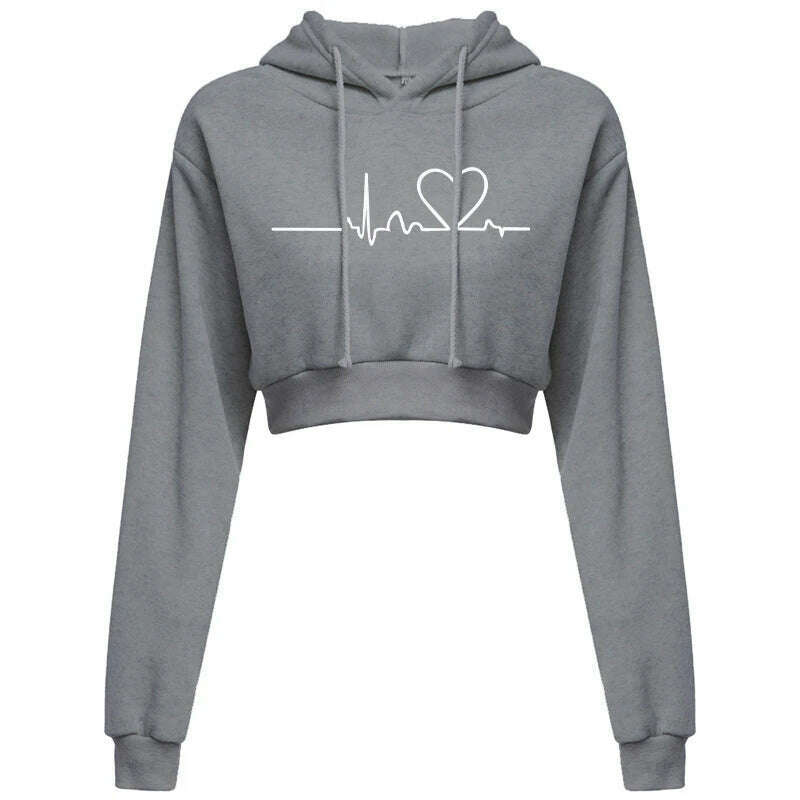 Women's Hooded Sweaters Hoodies Solid Color Long Sleeve ECG Prited Cropped Hooded Pullover - KIMLUD