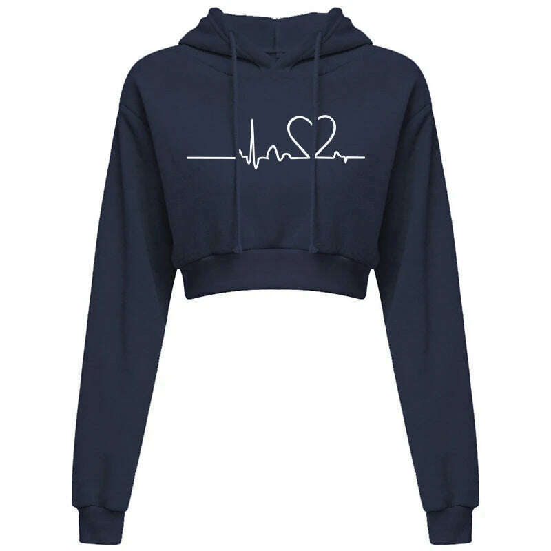 Women's Hooded Sweaters Hoodies Solid Color Long Sleeve ECG Prited Cropped Hooded Pullover - KIMLUD