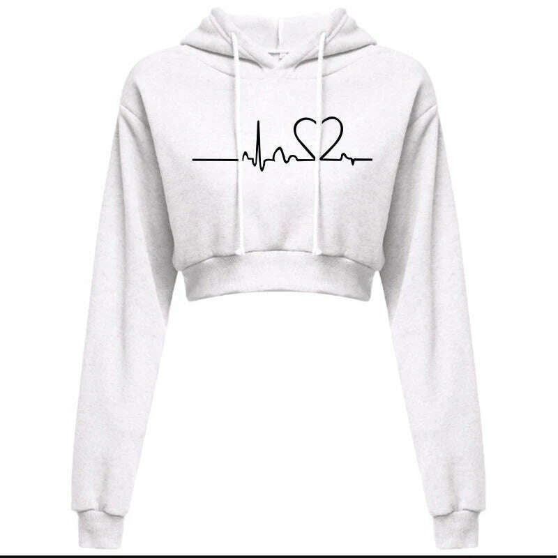 Women's Hooded Sweaters Hoodies Solid Color Long Sleeve ECG Prited Cropped Hooded Pullover - KIMLUD