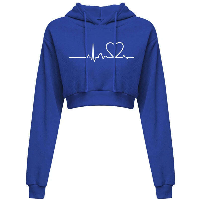 Women's Hooded Sweaters Hoodies Solid Color Long Sleeve ECG Prited Cropped Hooded Pullover - KIMLUD