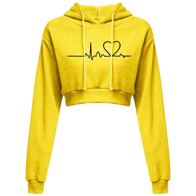 Women's Hooded Sweaters Hoodies Solid Color Long Sleeve ECG Prited Cropped Hooded Pullover - KIMLUD