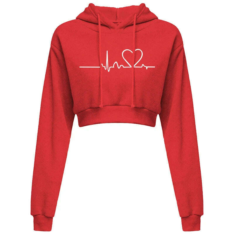 Women's Hooded Sweaters Hoodies Solid Color Long Sleeve ECG Prited Cropped Hooded Pullover - KIMLUD