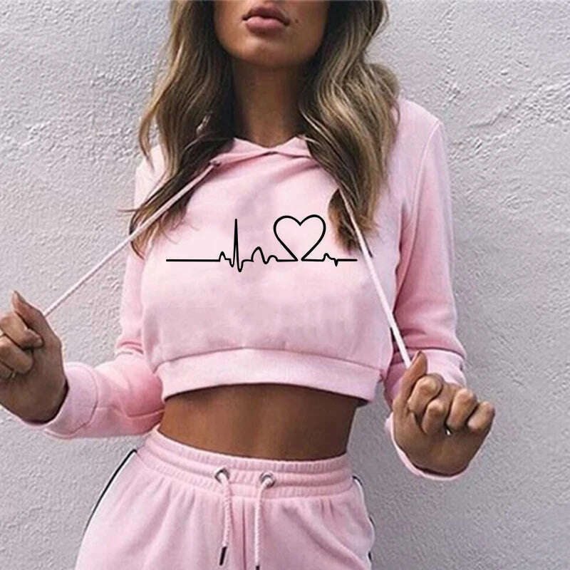 Women's Hooded Sweaters Hoodies Solid Color Long Sleeve ECG Prited Cropped Hooded Pullover - KIMLUD
