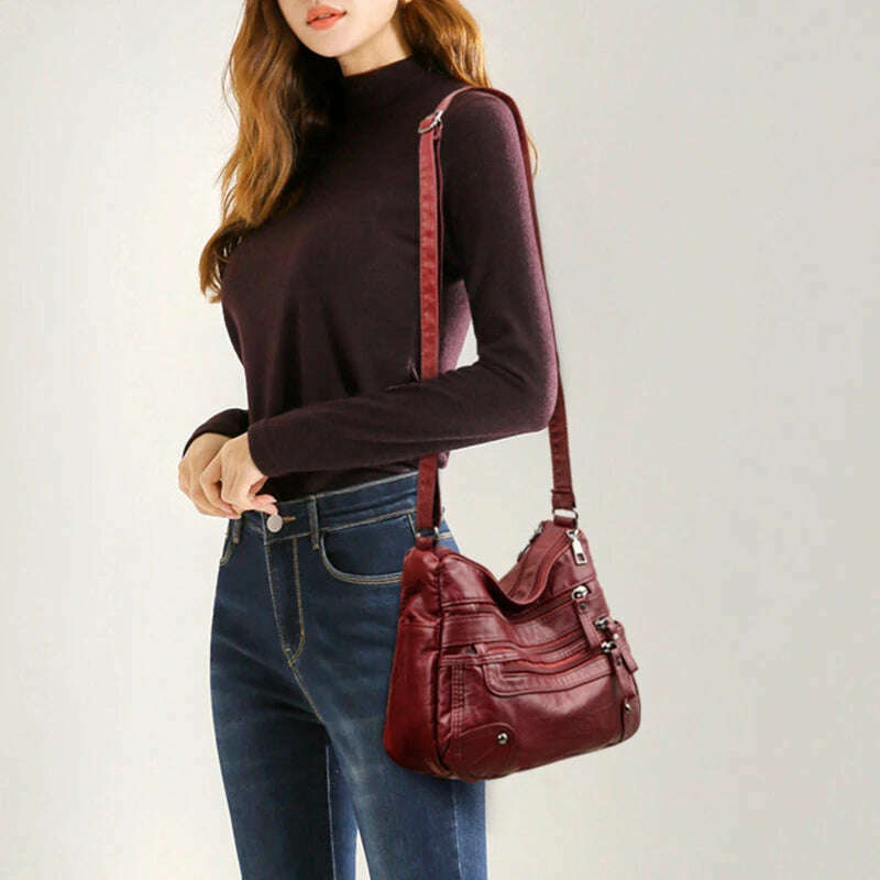 KIMLUD, Women's Multi Zipper Shoulder Bag, Versatile Solid Color Faux Leather Crossbody Bag, KIMLUD Womens Clothes