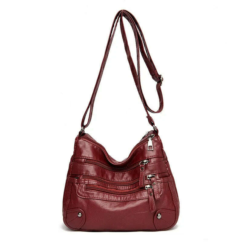 KIMLUD, Women's Multi Zipper Shoulder Bag, Versatile Solid Color Faux Leather Crossbody Bag, Red, KIMLUD APPAREL - Womens Clothes