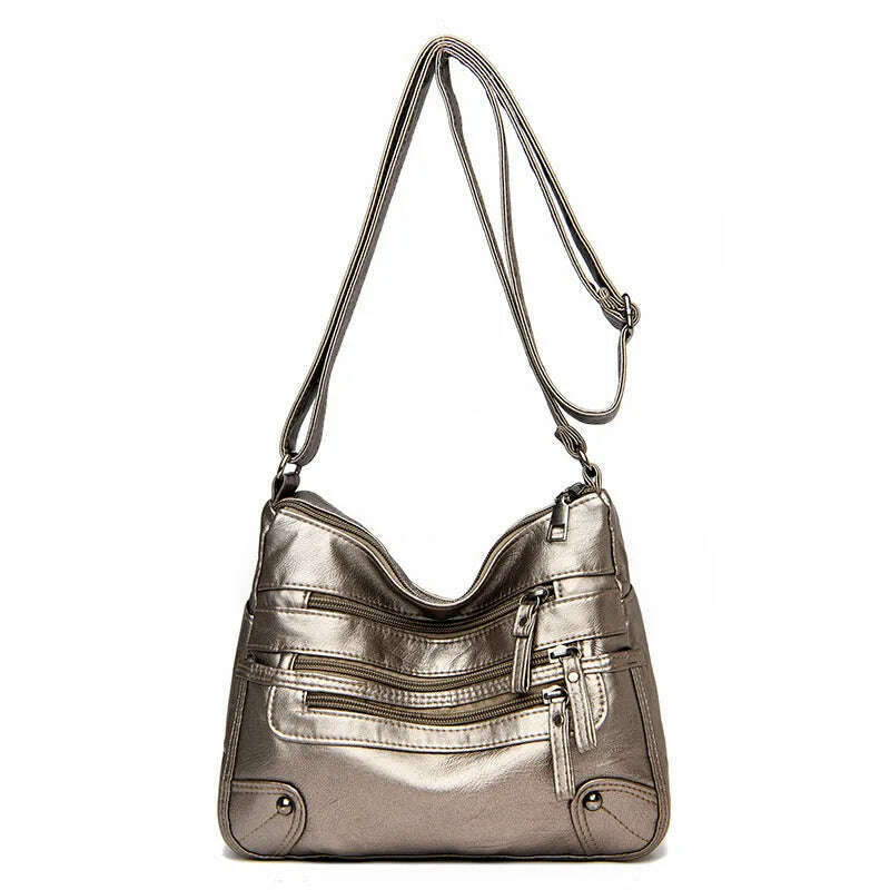 KIMLUD, Women's Multi Zipper Shoulder Bag, Versatile Solid Color Faux Leather Crossbody Bag, Bronze, KIMLUD APPAREL - Womens Clothes