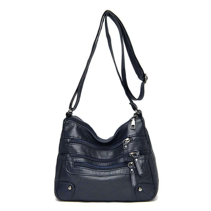 KIMLUD, Women's Multi Zipper Shoulder Bag, Versatile Solid Color Faux Leather Crossbody Bag, Deep Blue, KIMLUD APPAREL - Womens Clothes