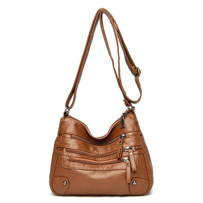 KIMLUD, Women's Multi Zipper Shoulder Bag, Versatile Solid Color Faux Leather Crossbody Bag, Yellow Brown, KIMLUD APPAREL - Womens Clothes