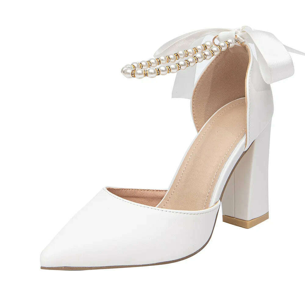 Women's new luxury pearl rhinestone wedding party thick high-heeled hollow pointed single shoes - KIMLUD