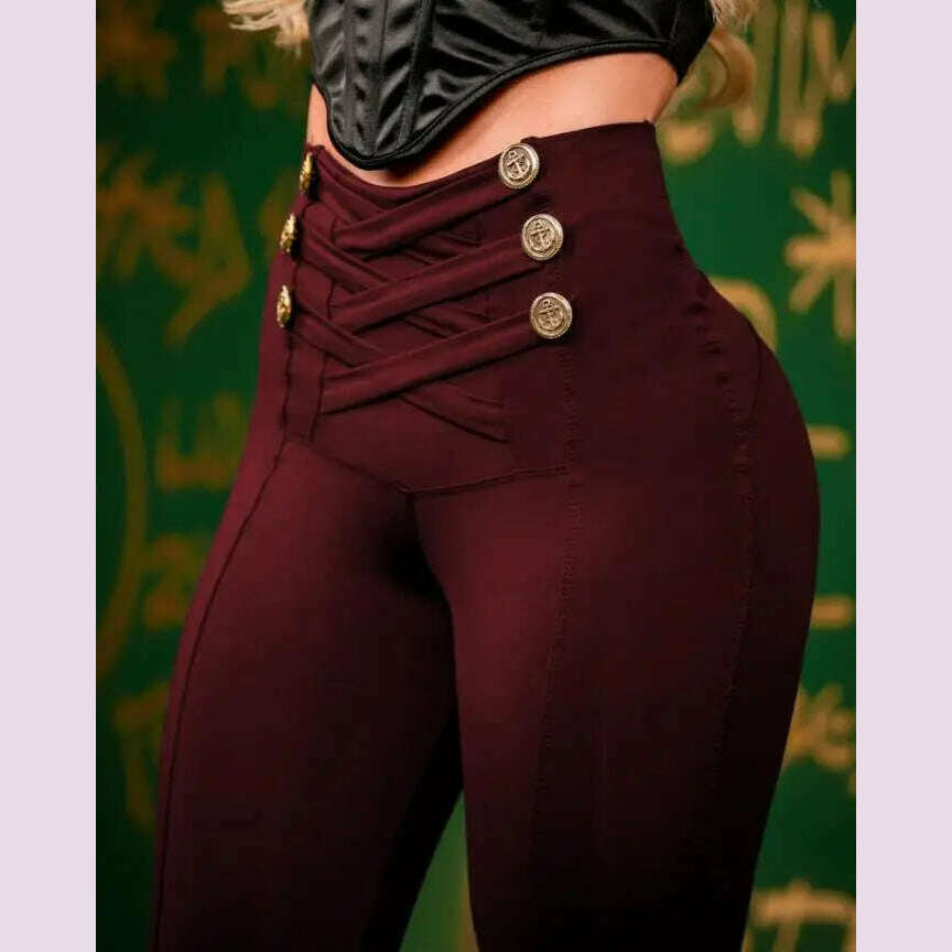 KIMLUD, Women's Pants High Waist Trousers 2023 Button Decoration Office Solid Color Elegant Hip Lifting Leggings Skinny Pencil Pants, KIMLUD Womens Clothes