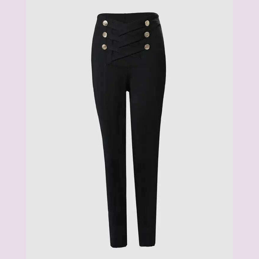 KIMLUD, Women's Pants High Waist Trousers 2023 Button Decoration Office Solid Color Elegant Hip Lifting Leggings Skinny Pencil Pants, KIMLUD Womens Clothes