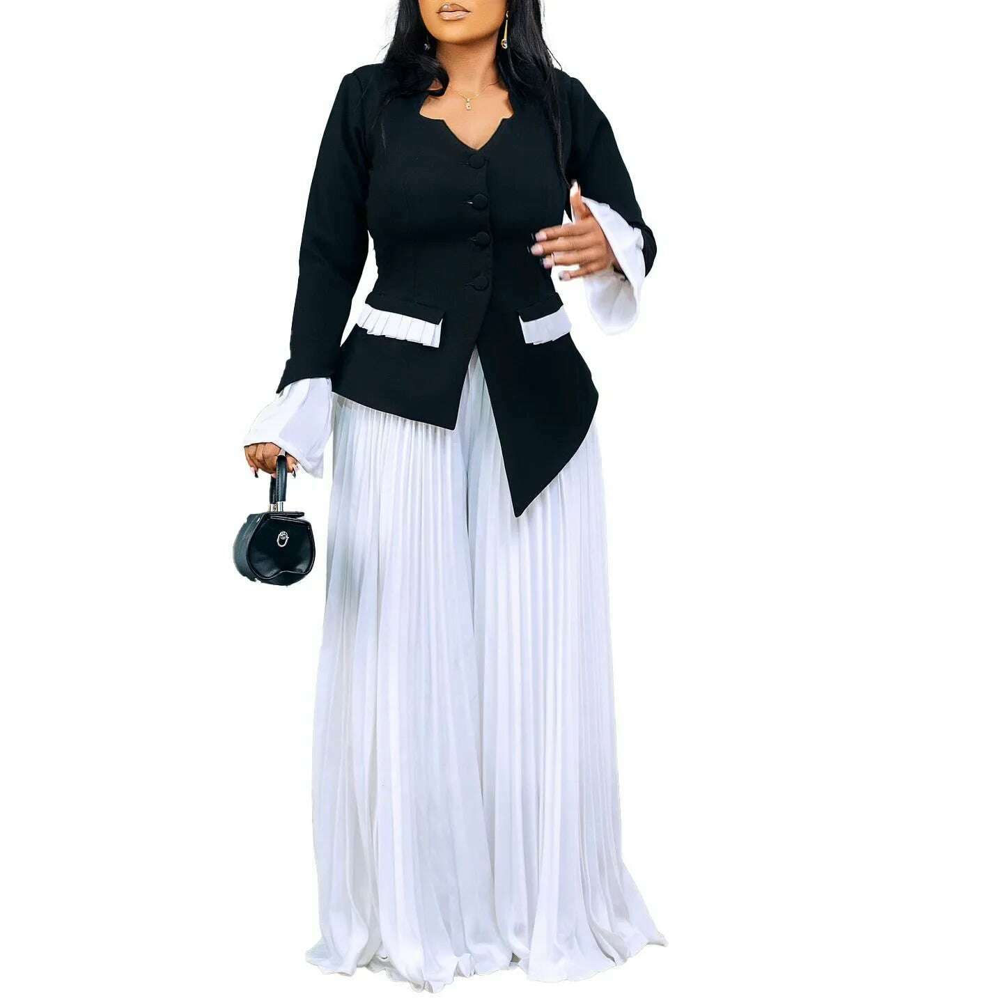 Women's Set Full Flare Sleeve Button Blazer Shirt + Pleated Long Pants Suit Streetwear Two 2 Piece Set Africa OL Outfits - KIMLUD