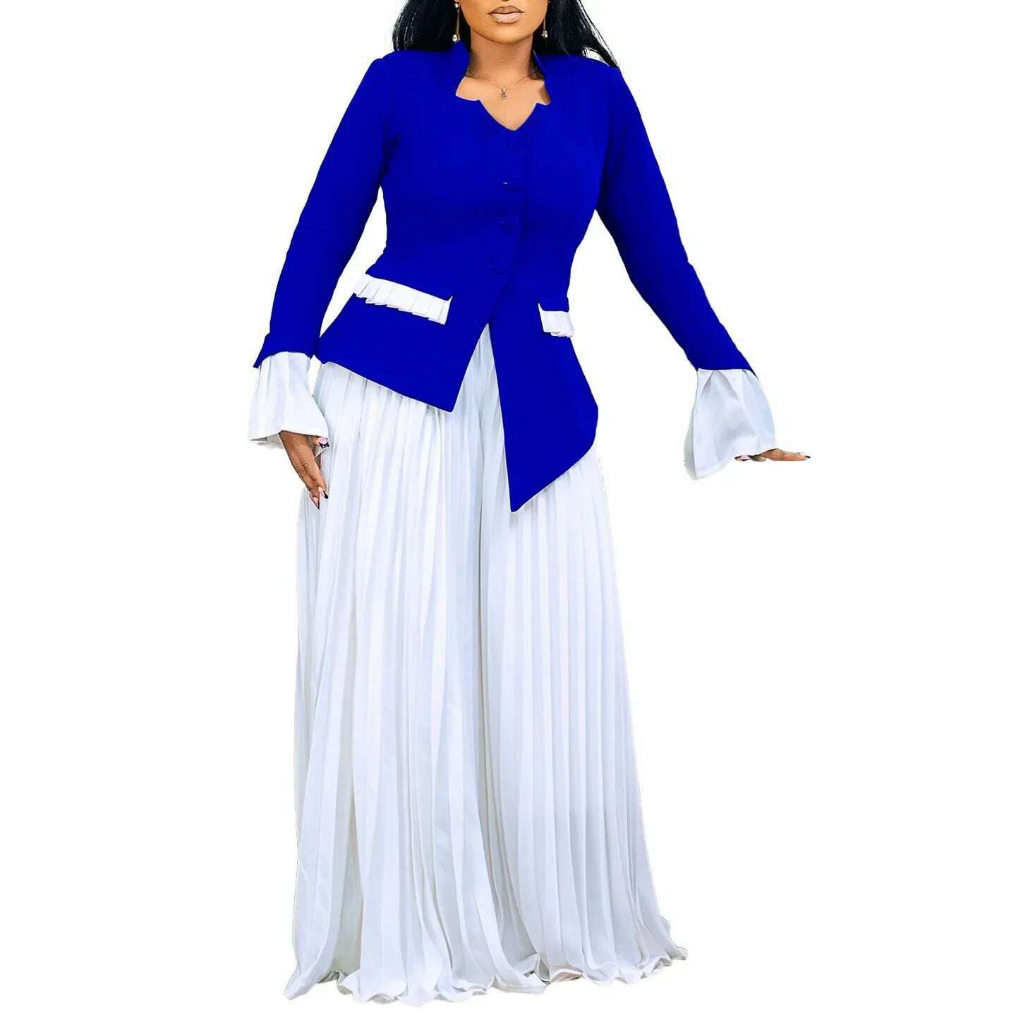 Women's Set Full Flare Sleeve Button Blazer Shirt + Pleated Long Pants Suit Streetwear Two 2 Piece Set Africa OL Outfits - KIMLUD