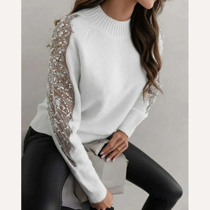 Women's Sweater Autumn Fashion Contrast Sequin Beaded Sheer Mesh Patch Casual Mock Neck Long Sleeve Daily Pullover Knit Sweater - KIMLUD