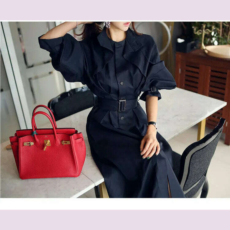 Women's Trench Coat with Sashes, Long Sleeve, Elegant, Whole Colored, Work Wear, Spring, Autumn, SL102 - KIMLUD