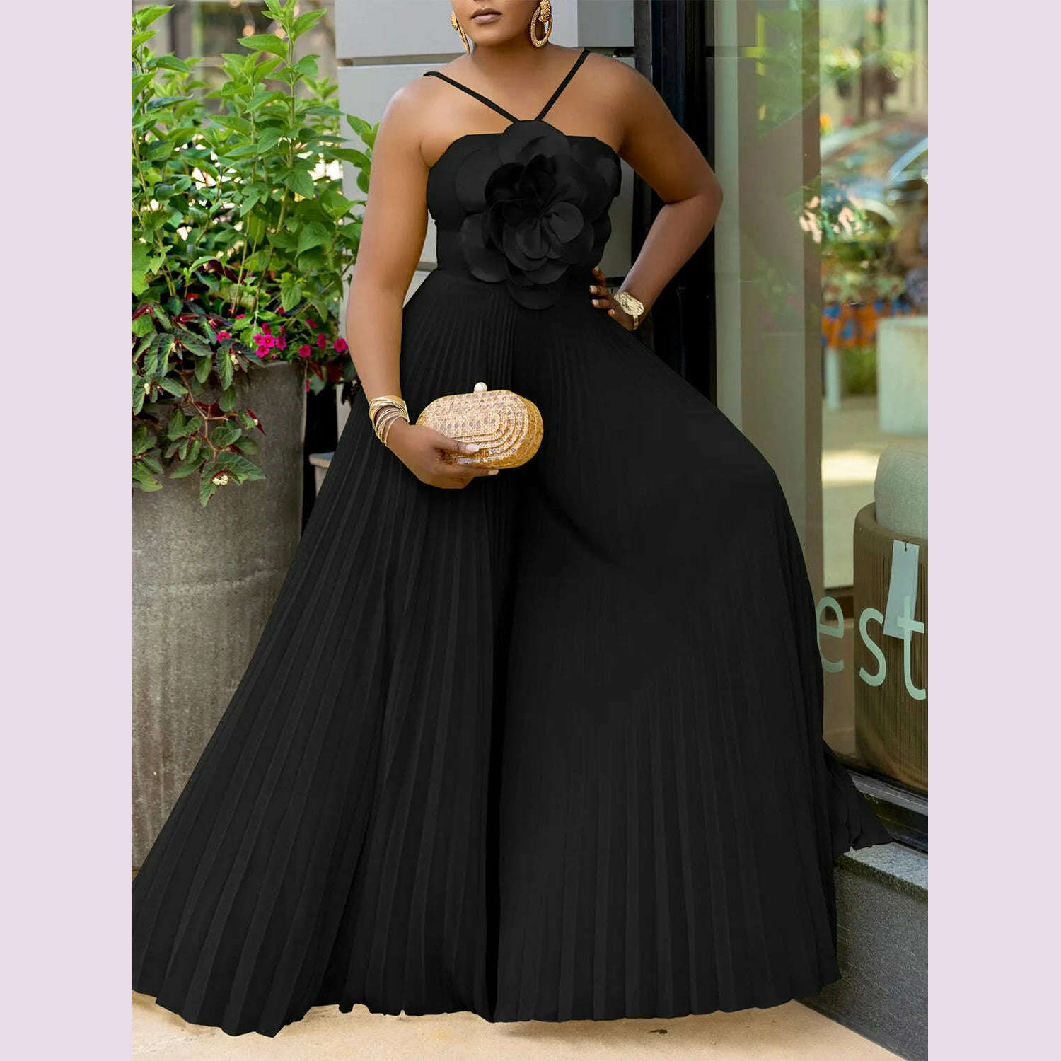 KIMLUD, Women's Wide Leg Jumpsuit Vacation Halter Collar 3D Pleated Chiffon Pleated Spaghetti Straps Elegant Jumpsuit 2025, black / M, KIMLUD APPAREL - Womens Clothes