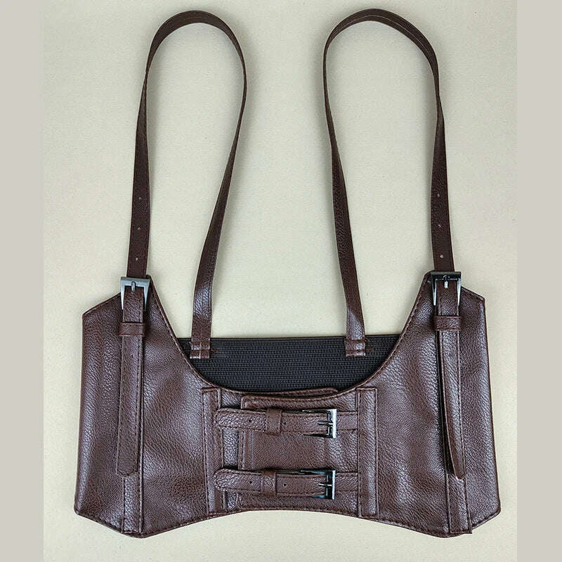Women's wide waistband, fashionable and high-end, retro and versatile waistband decoration, with a dress elastic waist and coffe - KIMLUD