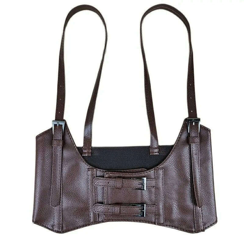 Women's wide waistband, fashionable and high-end, retro and versatile waistband decoration, with a dress elastic waist and coffe - KIMLUD