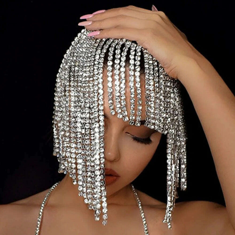 XSBODY Flash Long Tassel Hair Chain Rhinestone Head Chain for Women Nightclub Crystal Headband Hat Bridal Headpiece Jewelry - KIMLUD