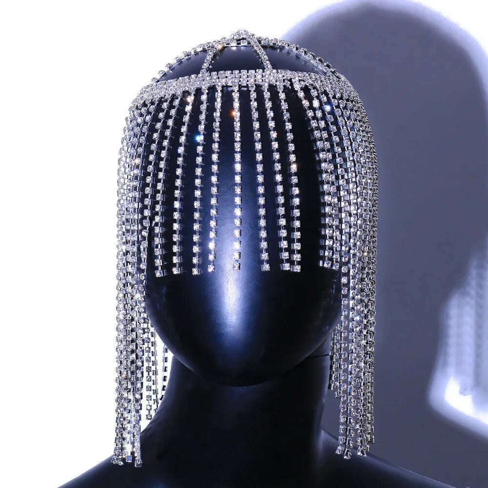 XSBODY Flash Long Tassel Hair Chain Rhinestone Head Chain for Women Nightclub Crystal Headband Hat Bridal Headpiece Jewelry - KIMLUD