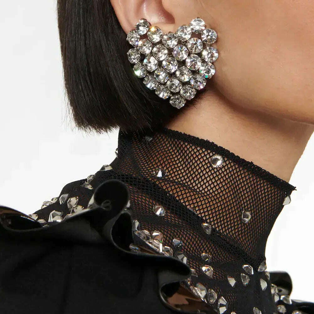 XSBODY Round Crystal Heart Clip on Earrings Wedding for Women Fashion Jewelry Rhinestone Clip Earrings No Piercing Bride Gift - KIMLUD