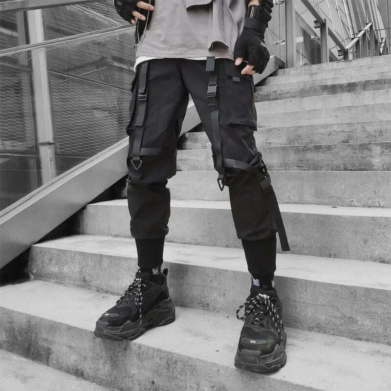 Y2K Joggers Cargo Pants For Men Casual Hip Hop Pocket Male Trousers Sweatpants Street Ribbons Techwear White Pant Pantalon Homme - KIMLUD