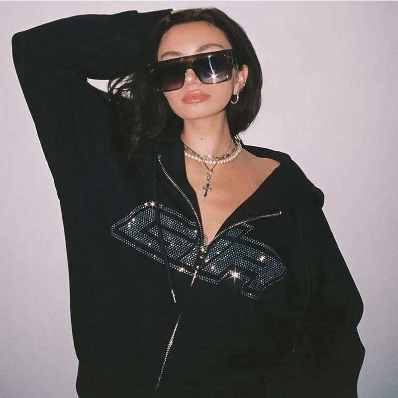 Y2k Rhinestone Women Hoodies Jacket Coat 2024 Gothic Harajuku Hoodie Female Streetwear Hoodie Zip Up Hoodies Grunge Sweatshirt - KIMLUD