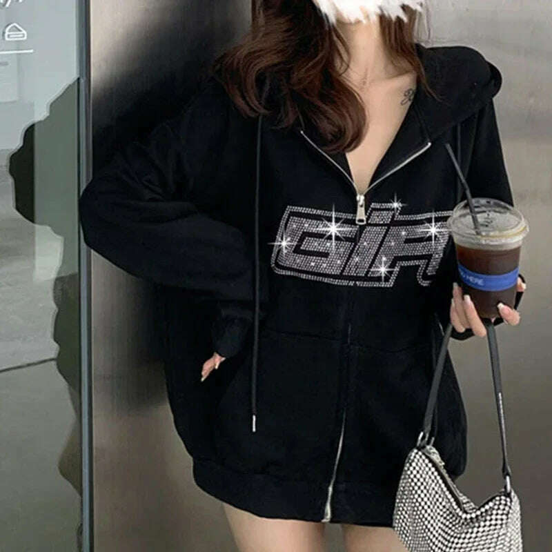 Y2k Rhinestone Women Hoodies Jacket Coat 2024 Gothic Harajuku Hoodie Female Streetwear Hoodie Zip Up Hoodies Grunge Sweatshirt - KIMLUD