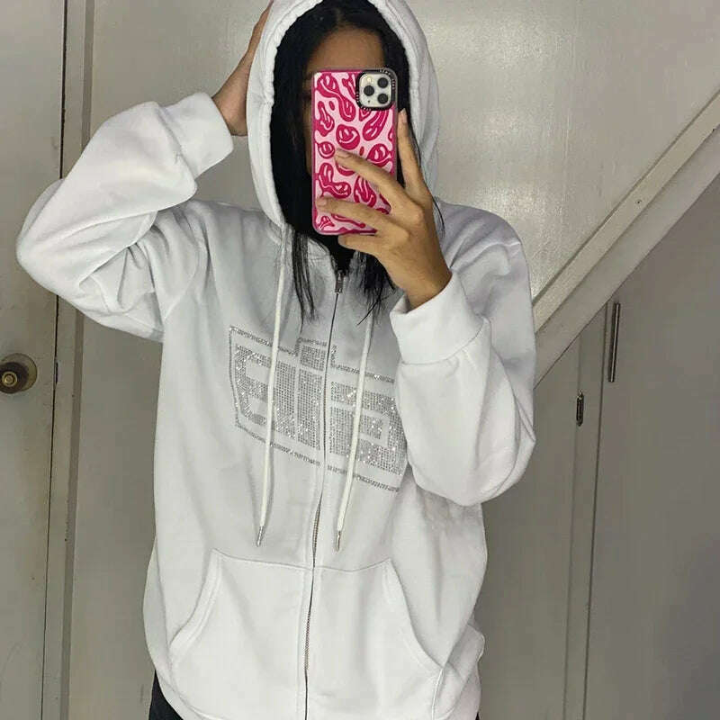 Y2k Rhinestone Women Hoodies Jacket Coat 2024 Gothic Harajuku Hoodie Female Streetwear Hoodie Zip Up Hoodies Grunge Sweatshirt - KIMLUD