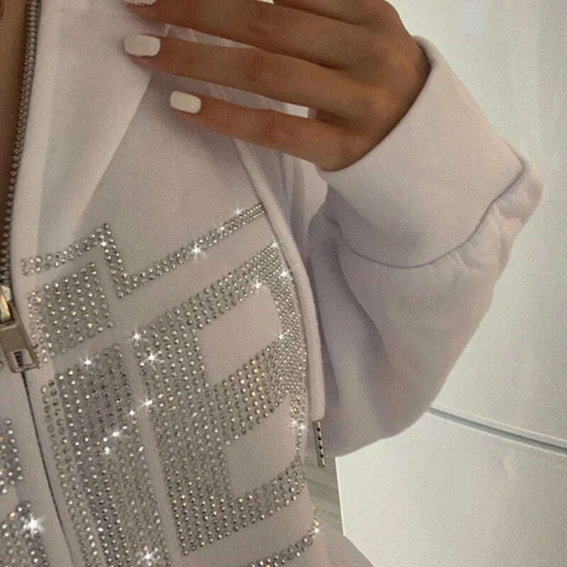 Y2k Rhinestone Women Hoodies Jacket Coat 2024 Gothic Harajuku Hoodie Female Streetwear Hoodie Zip Up Hoodies Grunge Sweatshirt - KIMLUD