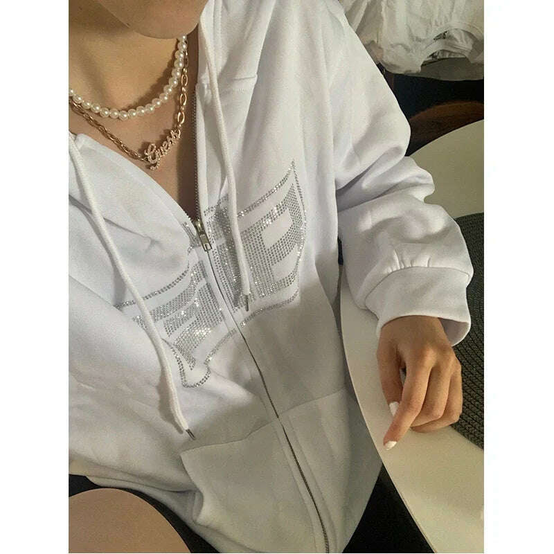 Y2k Rhinestone Women Hoodies Jacket Coat 2024 Gothic Harajuku Hoodie Female Streetwear Hoodie Zip Up Hoodies Grunge Sweatshirt - KIMLUD