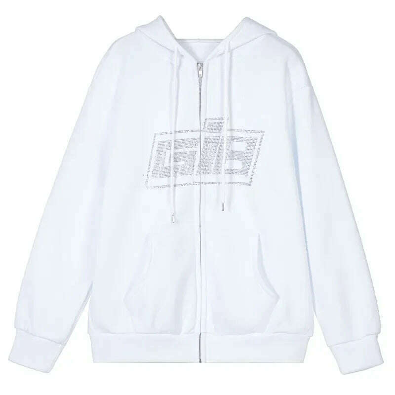 Y2k Rhinestone Women Hoodies Jacket Coat 2024 Gothic Harajuku Hoodie Female Streetwear Hoodie Zip Up Hoodies Grunge Sweatshirt - KIMLUD