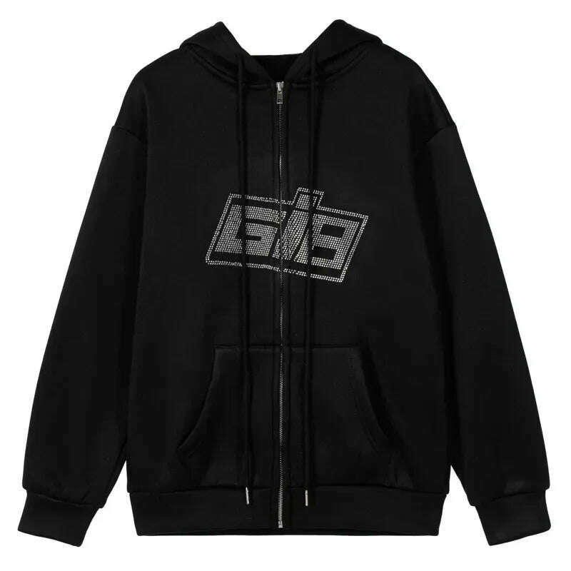 Y2k Rhinestone Women Hoodies Jacket Coat 2024 Gothic Harajuku Hoodie Female Streetwear Hoodie Zip Up Hoodies Grunge Sweatshirt - KIMLUD