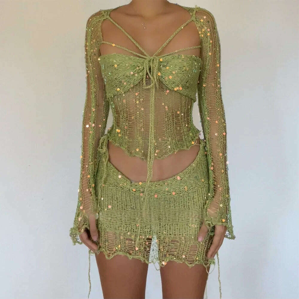 Y2k Sequined Two Piece Knitting Set Women Hollow Out Crop Top Luxury Wrap Dress 2023 Fashion Club Cloth Female 2 Piece Skirt Set - KIMLUD