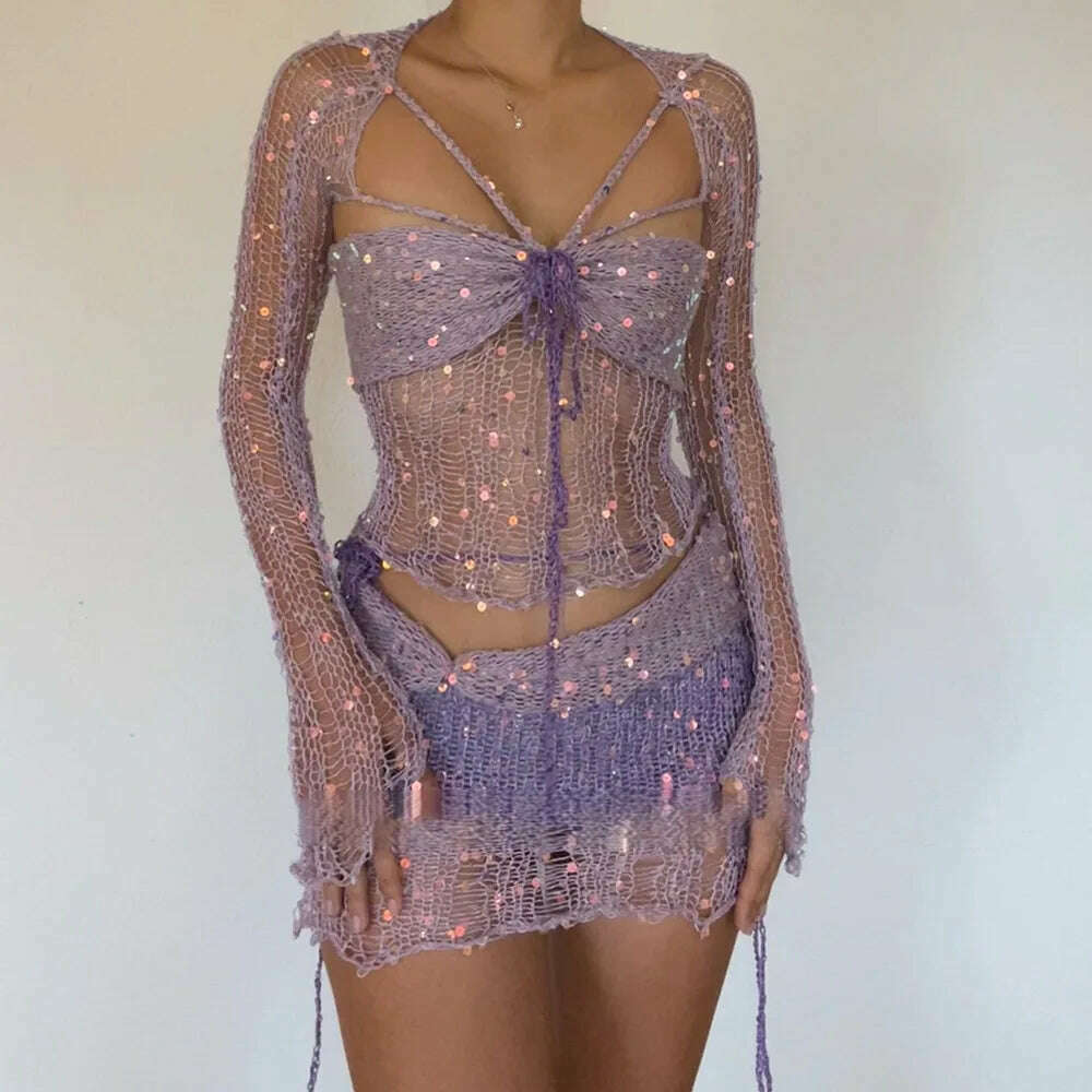 Y2k Sequined Two Piece Knitting Set Women Hollow Out Crop Top Luxury Wrap Dress 2023 Fashion Club Cloth Female 2 Piece Skirt Set - KIMLUD
