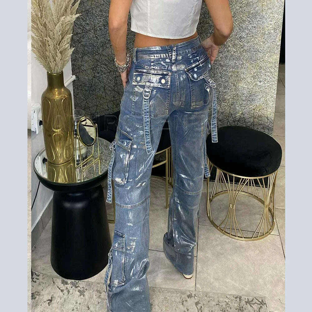 y2k Straight Pockets Hip Hop Trousers High Waist Jeans Women Fashion Silver Shiny Print Loose Wide Leg Denim Pants Streetwear - KIMLUD