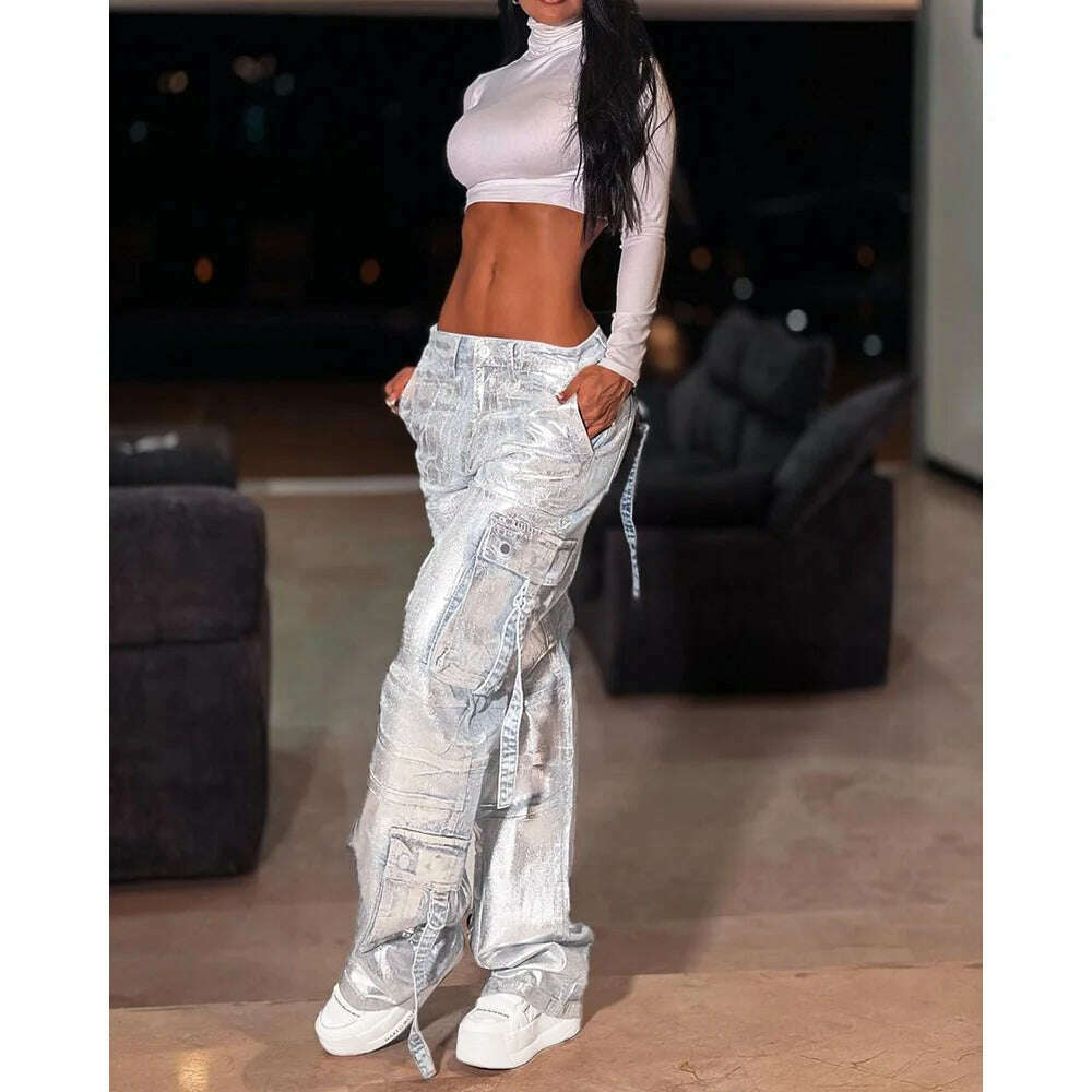 y2k Straight Pockets Hip Hop Trousers High Waist Jeans Women Fashion Silver Shiny Print Loose Wide Leg Denim Pants Streetwear - KIMLUD