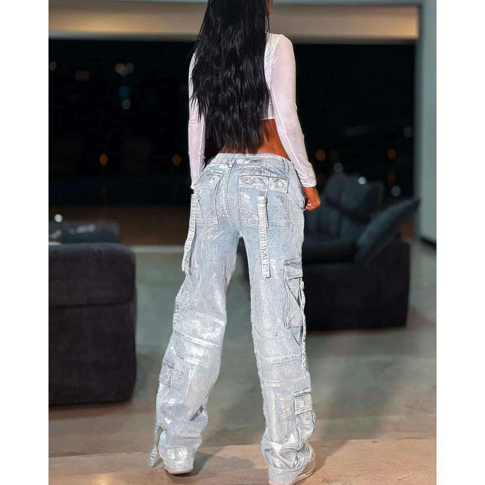 y2k Straight Pockets Hip Hop Trousers High Waist Jeans Women Fashion Silver Shiny Print Loose Wide Leg Denim Pants Streetwear - KIMLUD
