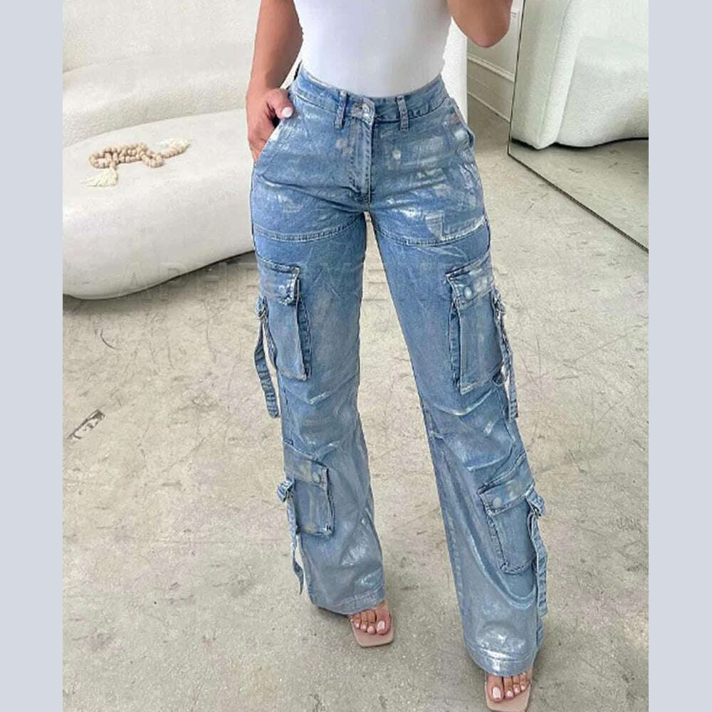 y2k Straight Pockets Hip Hop Trousers High Waist Jeans Women Fashion Silver Shiny Print Loose Wide Leg Denim Pants Streetwear - KIMLUD