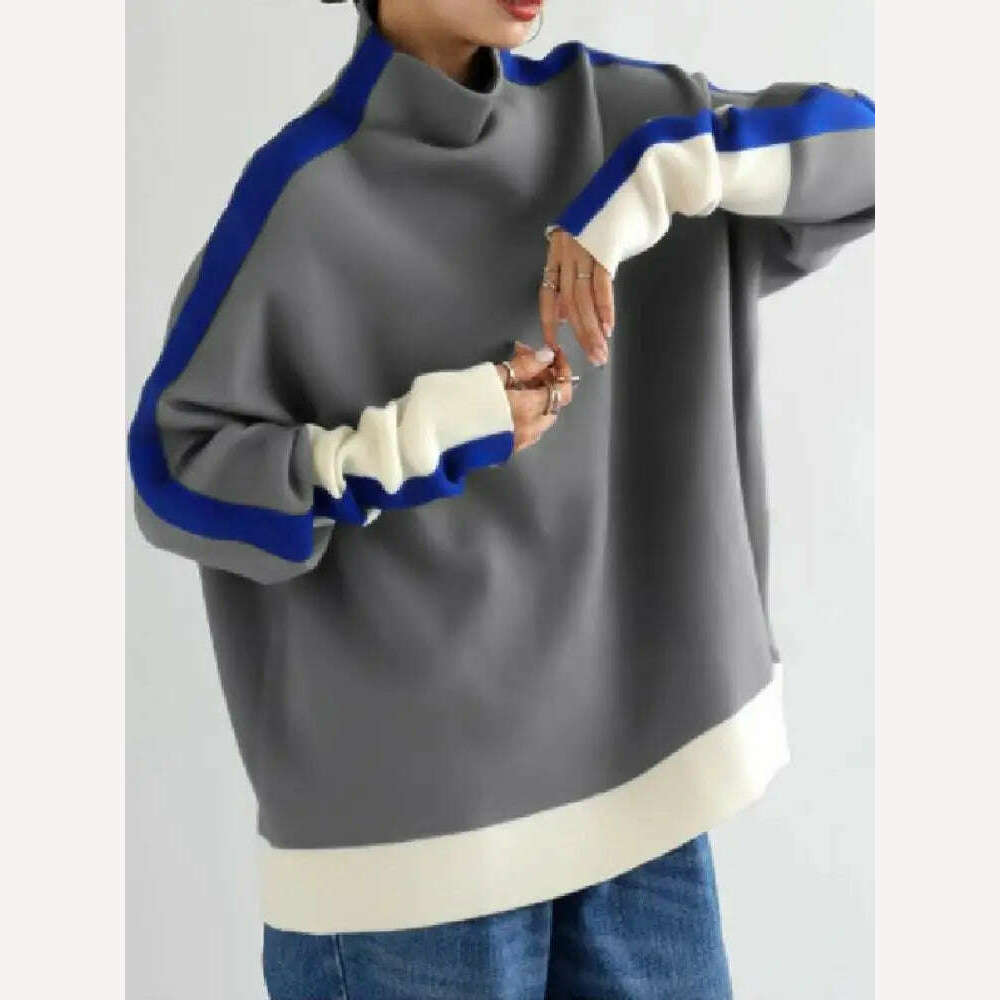 Yeezzi 2024 New Women Fashion Contrast Color High Neck Hoodless Sweatshirts Autumn Winter Long Sleeves Casual Pullovers Tops - KIMLUD