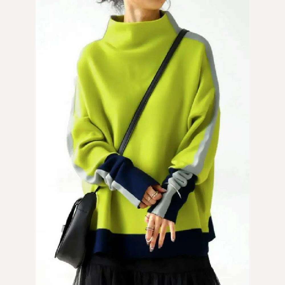 Yeezzi 2024 New Women Fashion Contrast Color High Neck Hoodless Sweatshirts Autumn Winter Long Sleeves Casual Pullovers Tops - KIMLUD