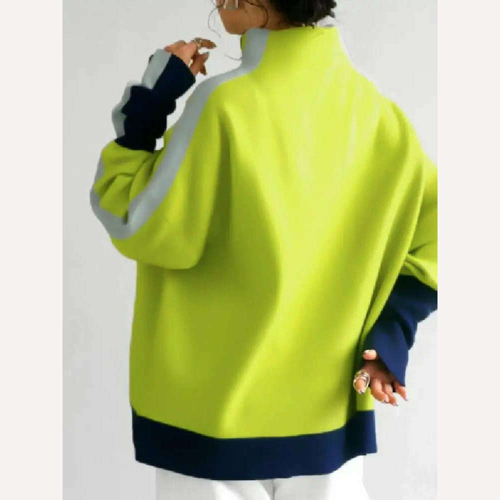 Yeezzi 2024 New Women Fashion Contrast Color High Neck Hoodless Sweatshirts Autumn Winter Long Sleeves Casual Pullovers Tops - KIMLUD
