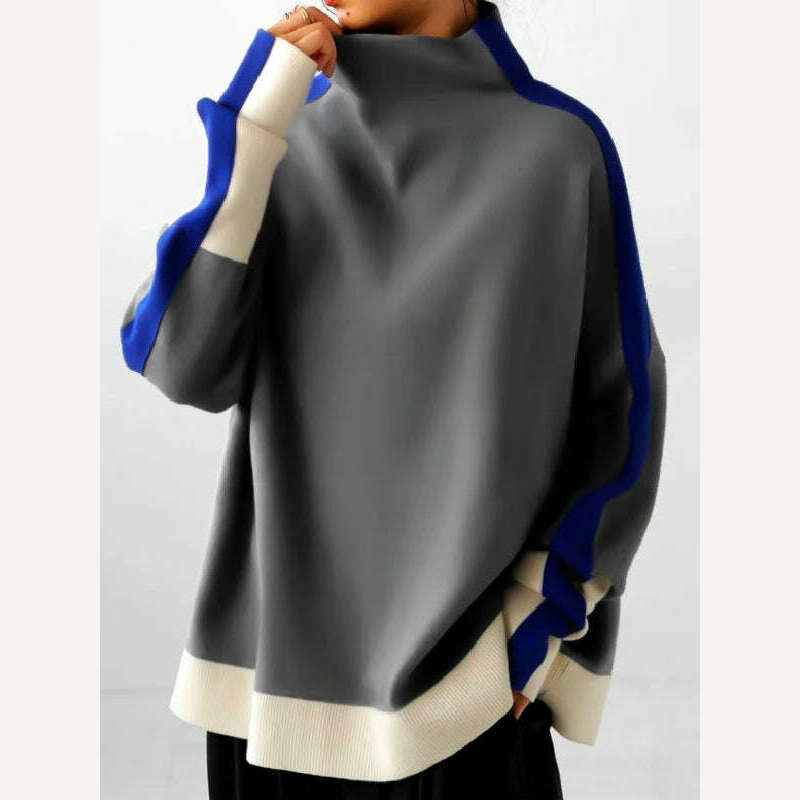 Yeezzi 2024 New Women Fashion Contrast Color High Neck Hoodless Sweatshirts Autumn Winter Long Sleeves Casual Pullovers Tops - KIMLUD