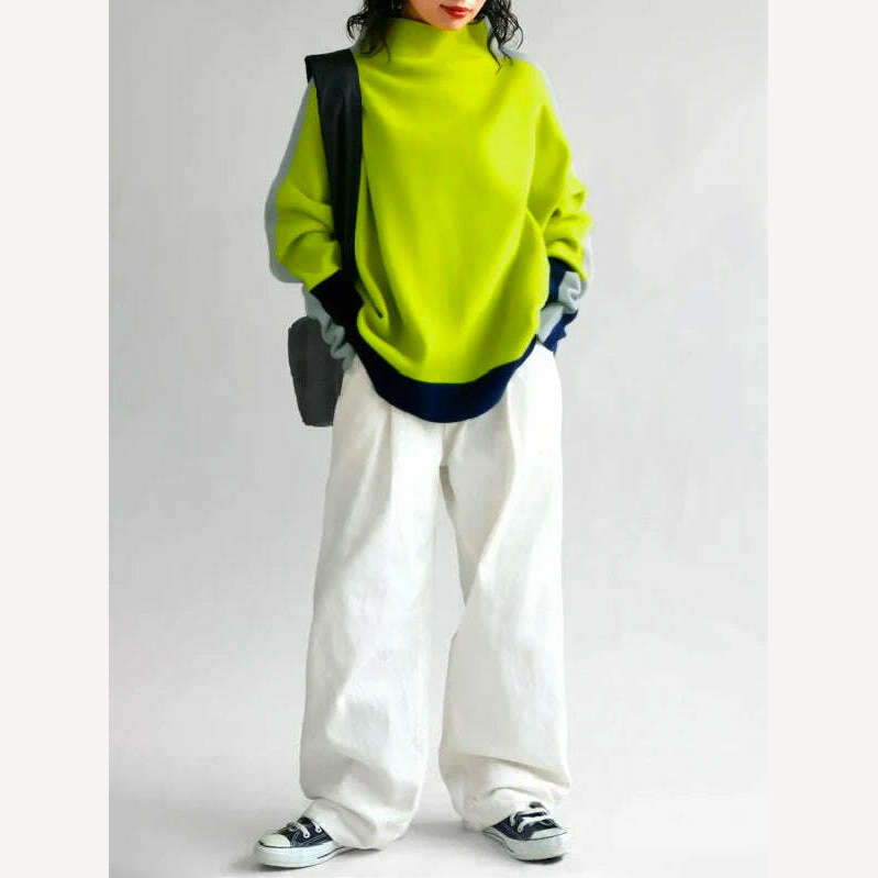 Yeezzi 2024 New Women Fashion Contrast Color High Neck Hoodless Sweatshirts Autumn Winter Long Sleeves Casual Pullovers Tops - KIMLUD