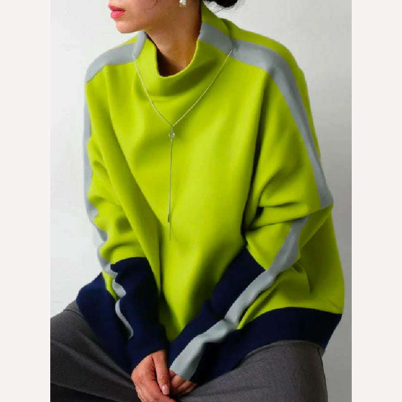 Yeezzi 2024 New Women Fashion Contrast Color High Neck Hoodless Sweatshirts Autumn Winter Long Sleeves Casual Pullovers Tops - KIMLUD